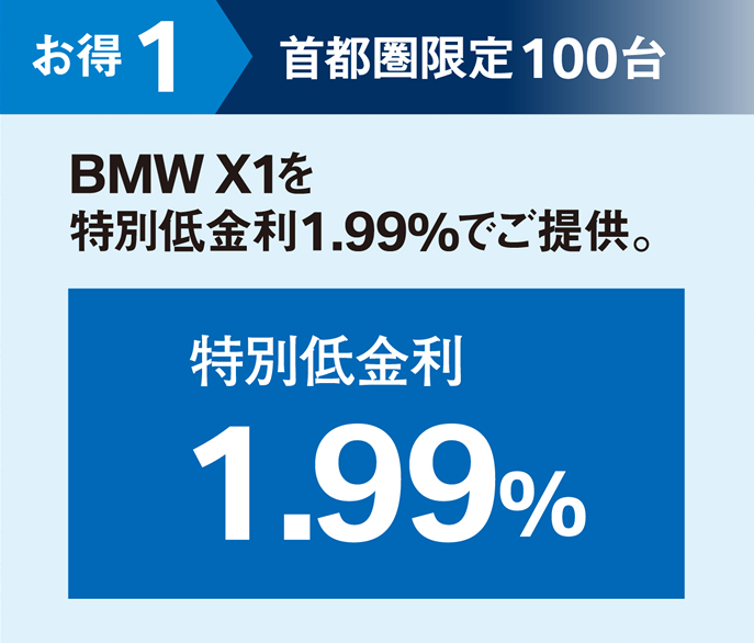 お得1 首都圏限定100台 BMW X1を特別低金利1.99%でご提供。